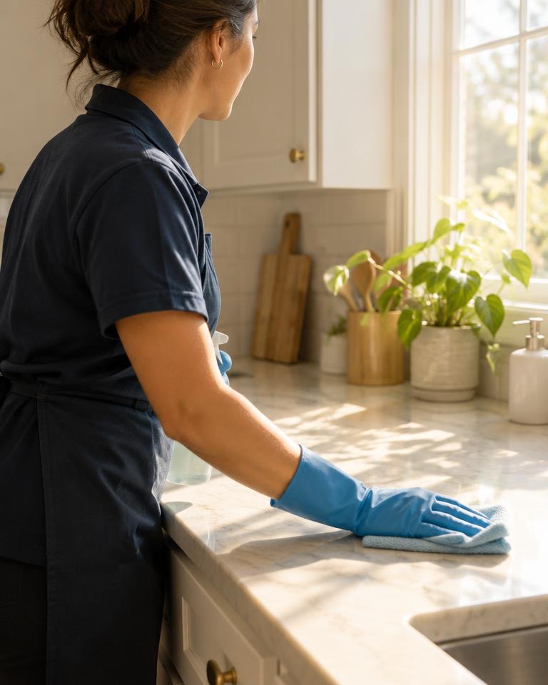 Cleaner wiping a kitchen counter